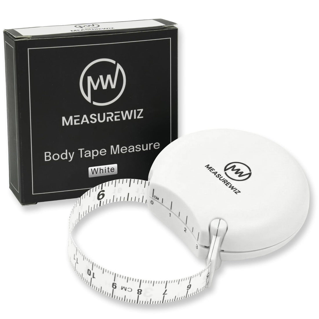 White retractable fabric body tape measure by MeasureWiz showing CM and inch markings on compact ergonomic casing