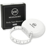 White retractable fabric body tape measure by MeasureWiz showing CM and inch markings on compact ergonomic casing