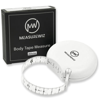 White retractable fabric body tape measure by MeasureWiz showing CM and inch markings on compact ergonomic casing