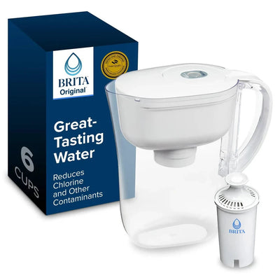 Brita Metro white BPA-free 6-cup water filter pitcher with easy-fill locking lid on kitchen countertop