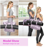 FLOCURE purple nylon yoga mat bag with shoe compartment and wet pocket, front view showing zipper pockets and mat strap - view 2