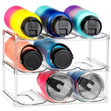 Clear plastic 3-tier stackable water bottle organizer holding 9 large tumblers on a kitchen countertop