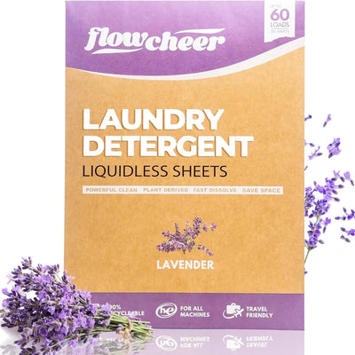 Flowcheer lavender scent laundry detergent sheets 30-count pack with biodegradable plastic-free packaging on white background