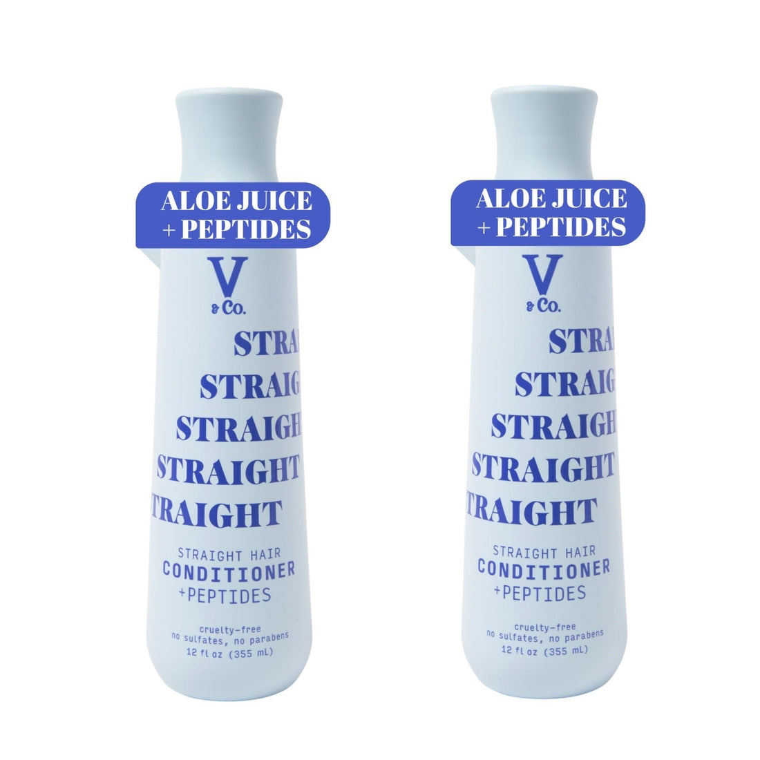 Two 12oz bottles of V&Co. Straight Hair Peptide Conditioner with aloe, sulfate-free formula for frizz control