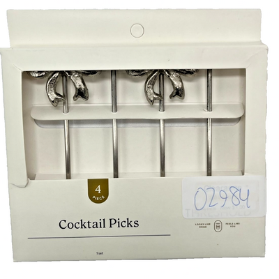 Set of 4 silver metal cocktail picks with decorative bow design by Threshold, for appetizer and drink garnishing