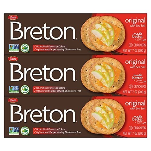 Three factory-sealed 7oz boxes of Breton Original Sea Salt Crackers stacked together, showing front label packaging