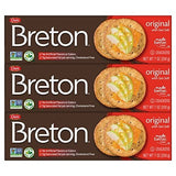 Three factory-sealed 7oz boxes of Breton Original Sea Salt Crackers stacked together, showing front label packaging