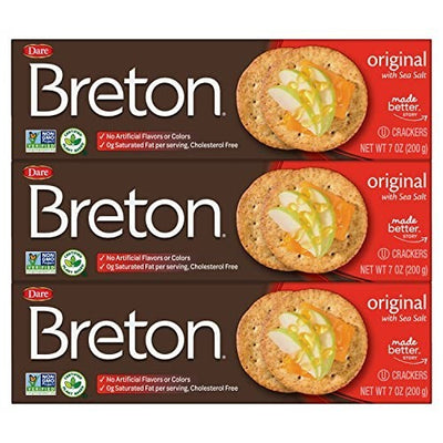 Three factory-sealed 7oz boxes of Breton Original Sea Salt Crackers stacked together, showing front label packaging