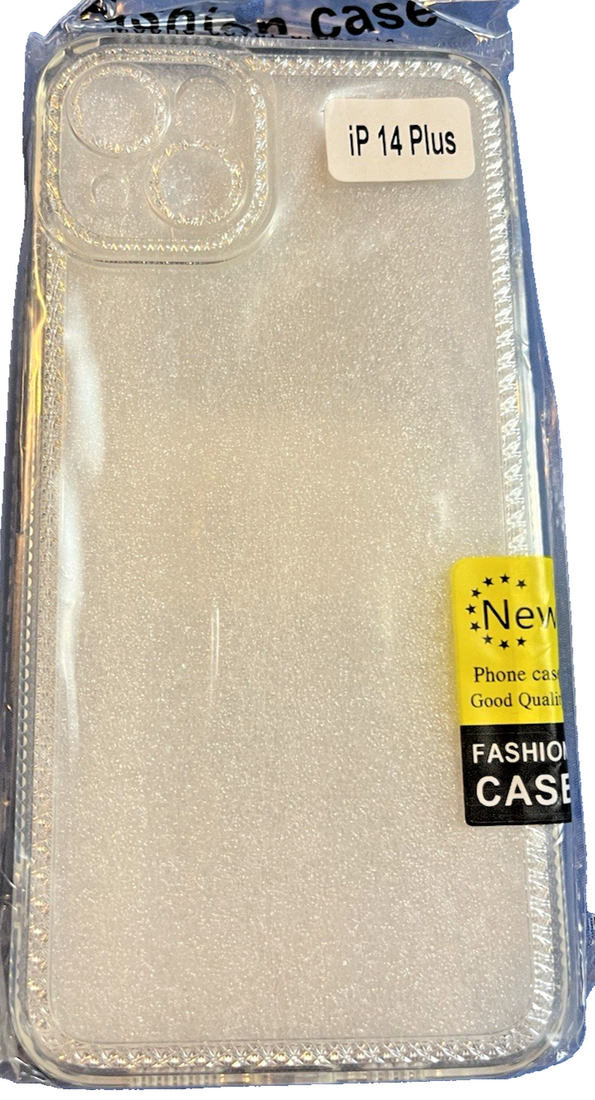 Gunprio iPhone 14 Plus glitter case in iridescent white with silver holographic sparkle on flexible TPU cover