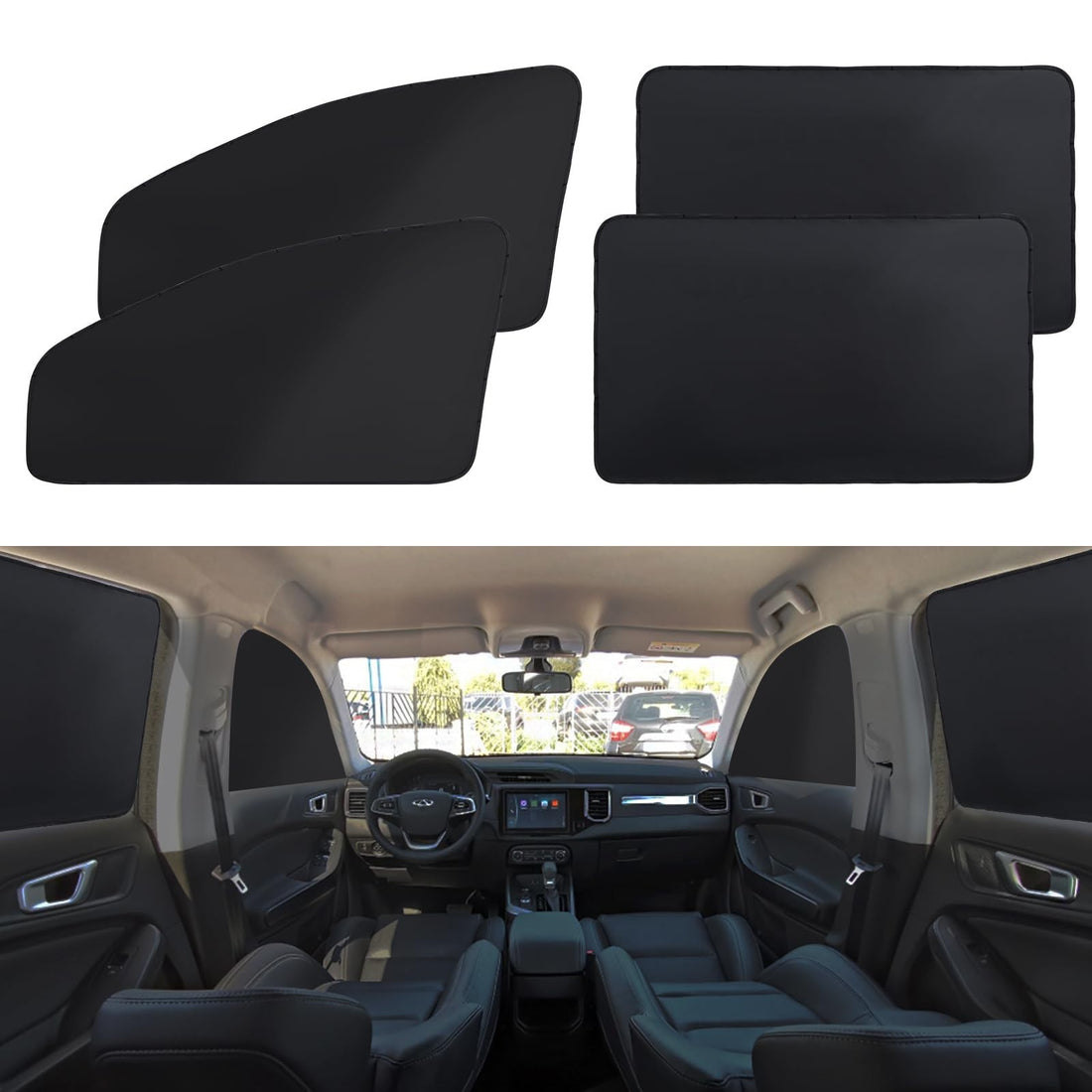 Four black magnetic car window shades laid flat showing front and rear sizes with magnet placement for UV and privacy protection
