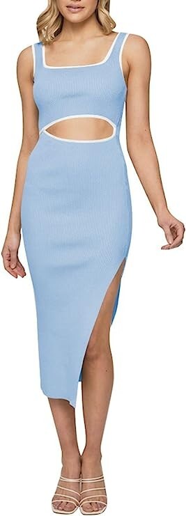 Women wearing blue sleeveless ribbed bodycon midi dress with square neck, wide straps, and front cutout detail