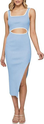 Women wearing blue sleeveless ribbed bodycon midi dress with square neck, wide straps, and front cutout detail