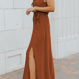Brown sleeveless chiffon midi halter dress with high neck cord tie and side slit, shown on model or flat lay - view 3