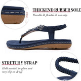 Women's navy blue flat thong sandals with hand-stitched rhinestone T-strap and elastic sling-back, boho rhinestone sandals - view 3