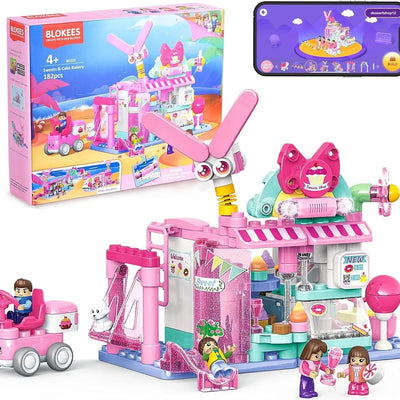 Blokees 184-piece STEM bakery building blocks set assembled as dessert shop with sound effects and rotating rabbit figure