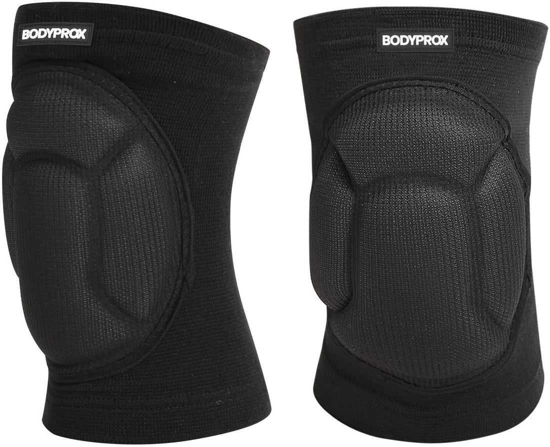 Pair of black Bodyprox knee pads with thick foam padding and non-slip grip, size small medium, front view