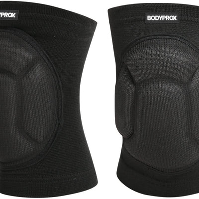 Pair of black Bodyprox knee pads with thick foam padding and non-slip grip, size small medium, front view