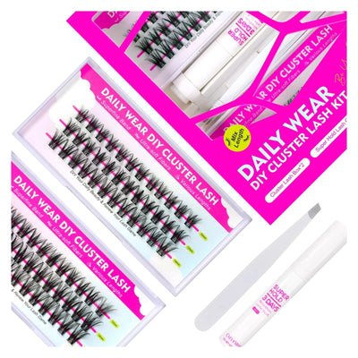 Caelymine DIY cluster lash extension kit showing D curl lashes, glue, and applicator tool in box packaging