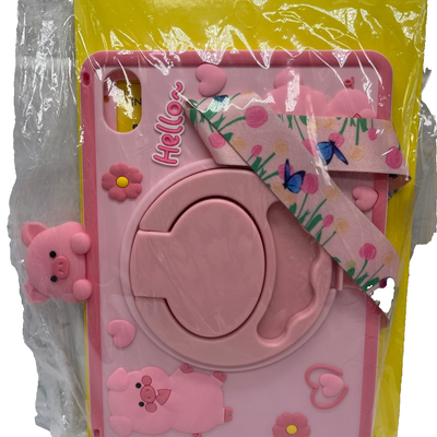 Pink pig silicone iPad Mini 6 case with 3D pig design, ring kickstand, floral strap, and 9H tempered glass screen protector