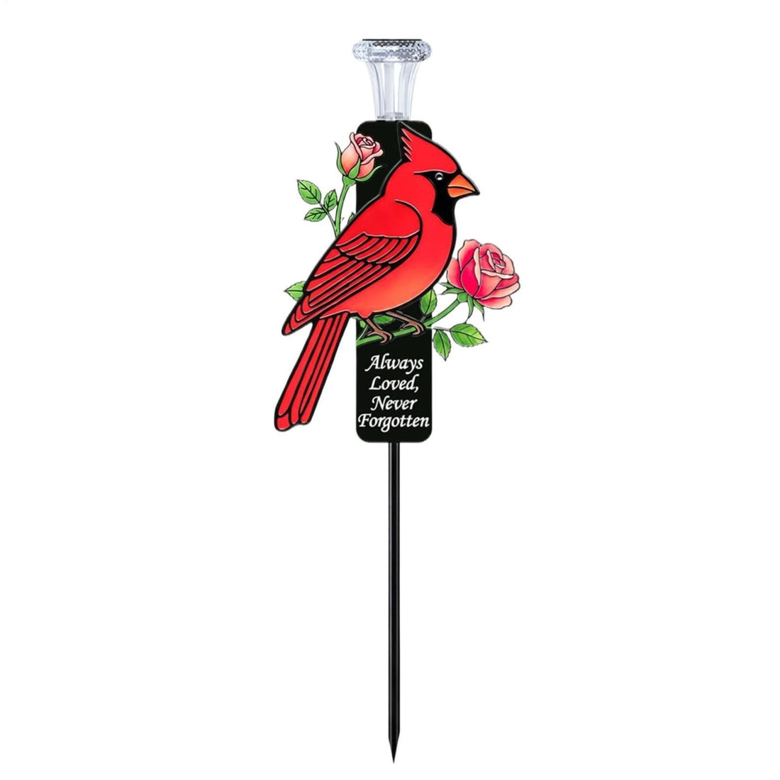 Solar-powered red cardinal metal garden stake with warm white LED light glowing, designed as a memorial grave marker for outdoor use