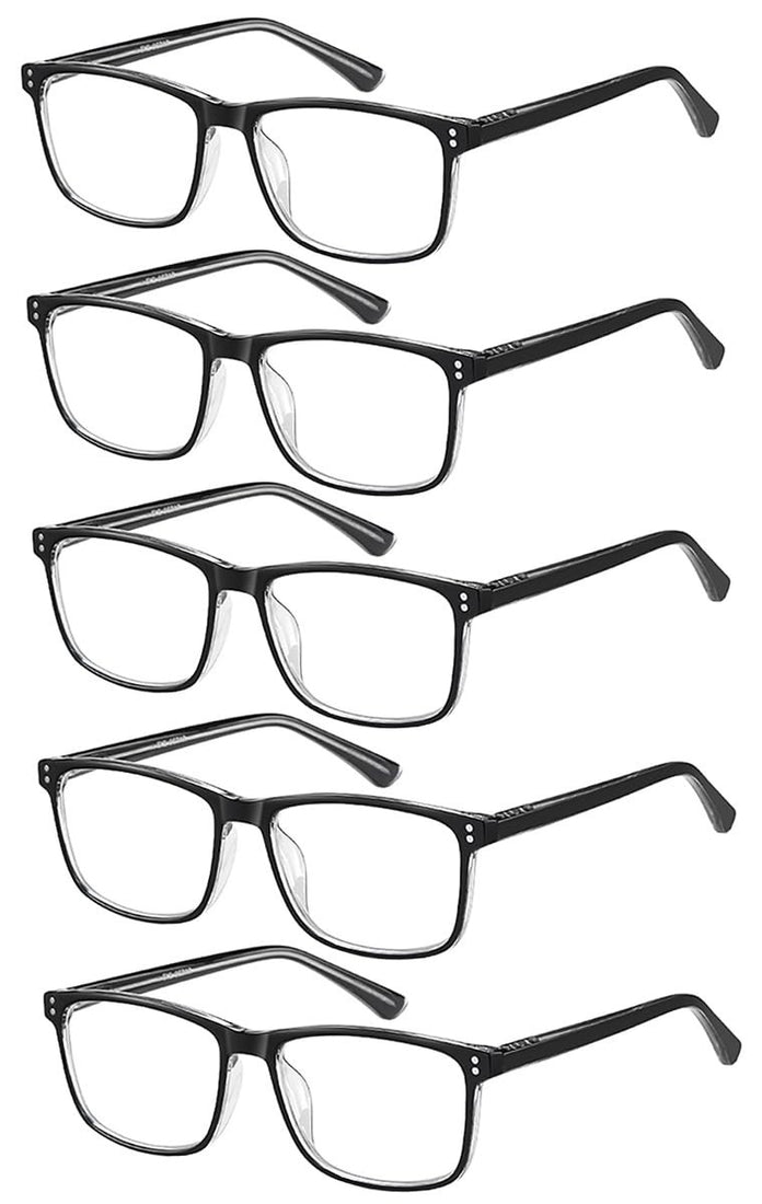 Five pairs of black rectangular TR90 reading glasses by EYECEDAR with clear acrylic lenses at +1.75 diopter magnification