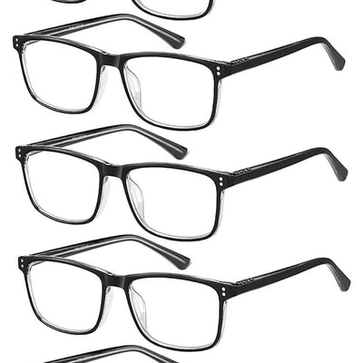 Five pairs of black rectangular TR90 reading glasses by EYECEDAR with clear acrylic lenses at +1.75 diopter magnification