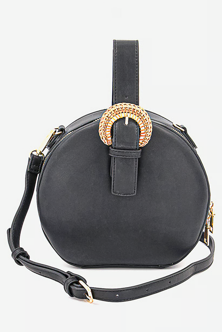 Urban Expressions black synthetic leather crossbody bag with gold hardware, zip closure, and adjustable shoulder strap