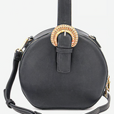 Urban Expressions black synthetic leather crossbody bag with gold hardware, zip closure, and adjustable shoulder strap