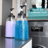 Set of 2 clear glass laundry detergent dispenser bottles with pump, 50oz each, farmhouse-style labels, on laundry room shelf - view 6