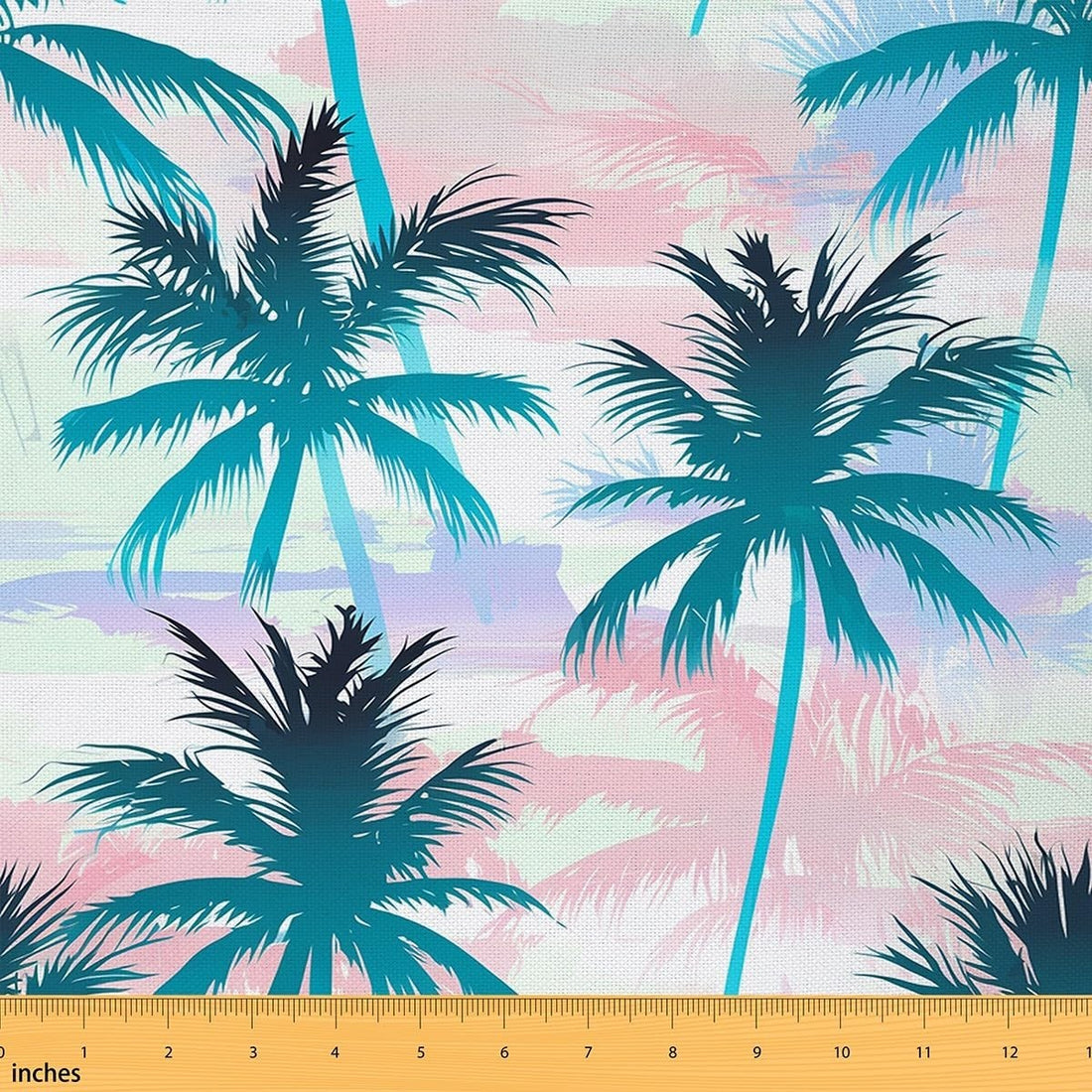 10-yard bolt of teal and pink coconut tree tropical print flannel fabric, 59 inches wide, unrolled to show pattern