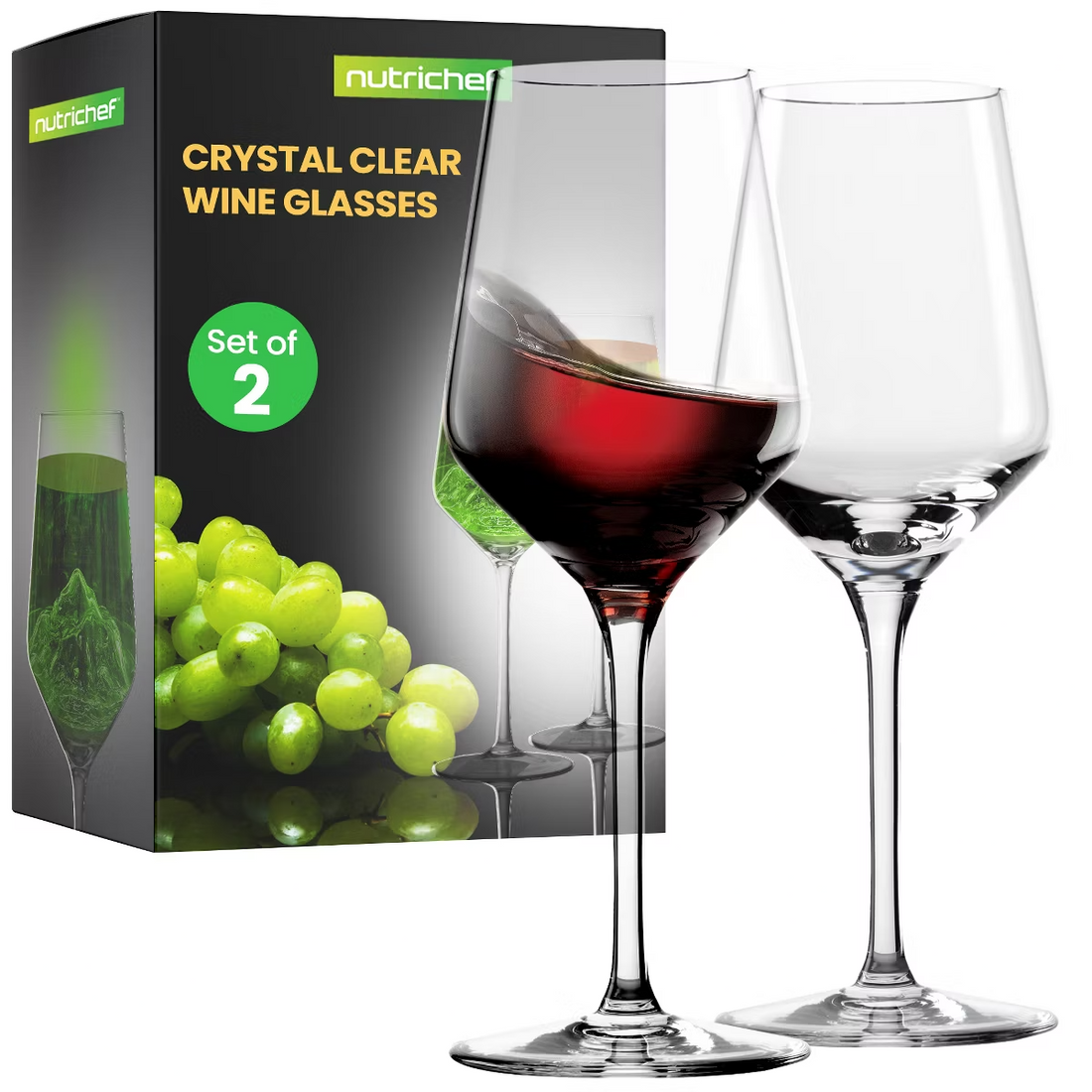Two clear hand-blown lead-free crystal wine glasses 13 inches tall with seamless bowl and stem on flat foot base