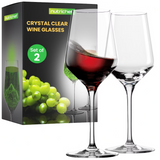 Two clear hand-blown lead-free crystal wine glasses 13 inches tall with seamless bowl and stem on flat foot base