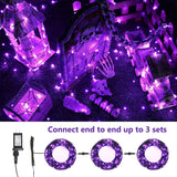 Brizled 200 LED purple Halloween string lights on black PVC wire spanning 72 feet outdoors at night - view 4