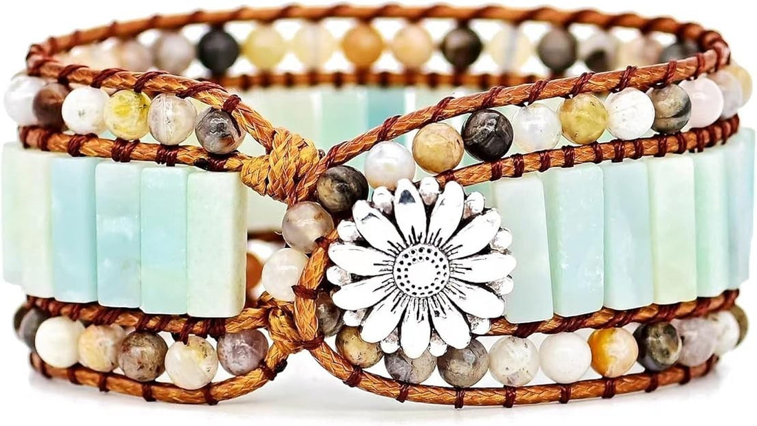 WIRJIJI multilayer natural amazonite green crystal bead bracelet with magnetic sunflower clasp on cowhide rope