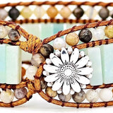 WIRJIJI multilayer natural amazonite green crystal bead bracelet with magnetic sunflower clasp on cowhide rope