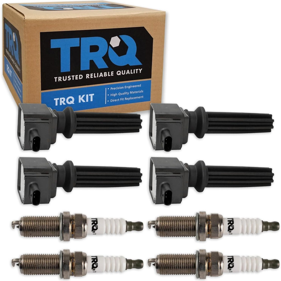 TRQ 8-piece ignition coil and iridium spark plug kit for 2017-2021 Ford Fusion and EcoSport in black packaging