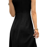 SAMPEEL black sleeveless square neck midi dress with smocked bust and side slit, shown on women's size XS - view 3