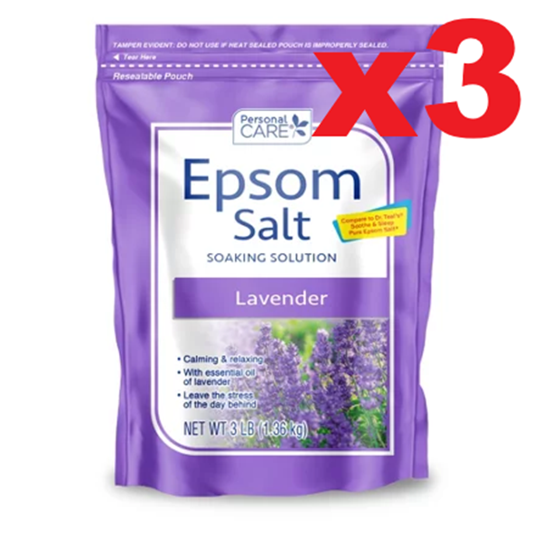 Three 3-pound bags of Personal Care lavender epsom salt for muscle soak and bath relaxation, shown together