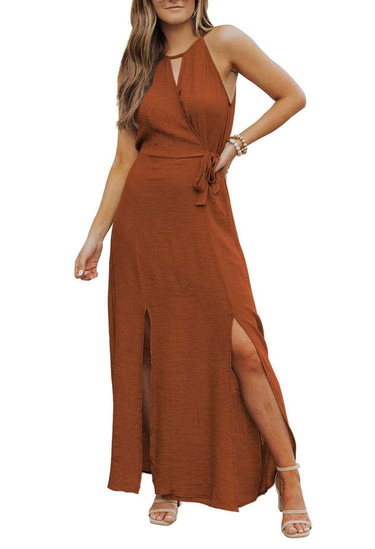 Brown sleeveless chiffon midi halter dress with high neck cord tie and side slit, shown on model or flat lay