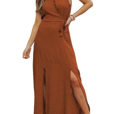 Brown sleeveless chiffon midi halter dress with high neck cord tie and side slit, shown on model or flat lay