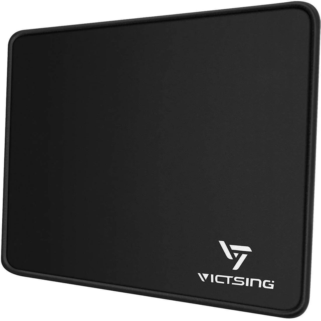 Black VicTsing mouse pad with stitched edges and non-slip rubber base, 8.3x10.2 inches on desk