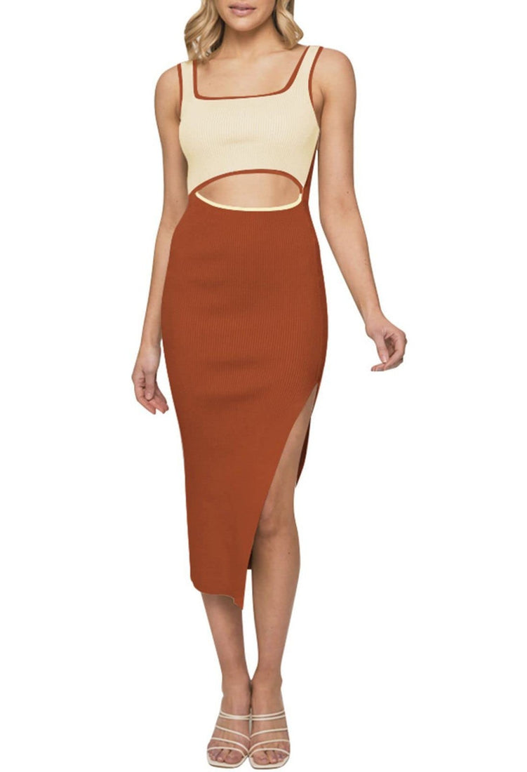 Chestnut ribbed sleeveless bodycon midi dress with square neckline, backless cutout detail, and side slit by Duigluw