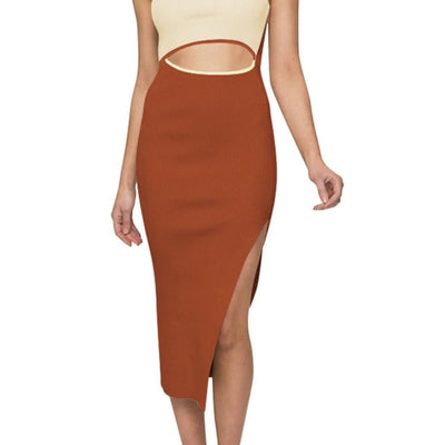 Chestnut ribbed sleeveless bodycon midi dress with square neckline, backless cutout detail, and side slit by Duigluw