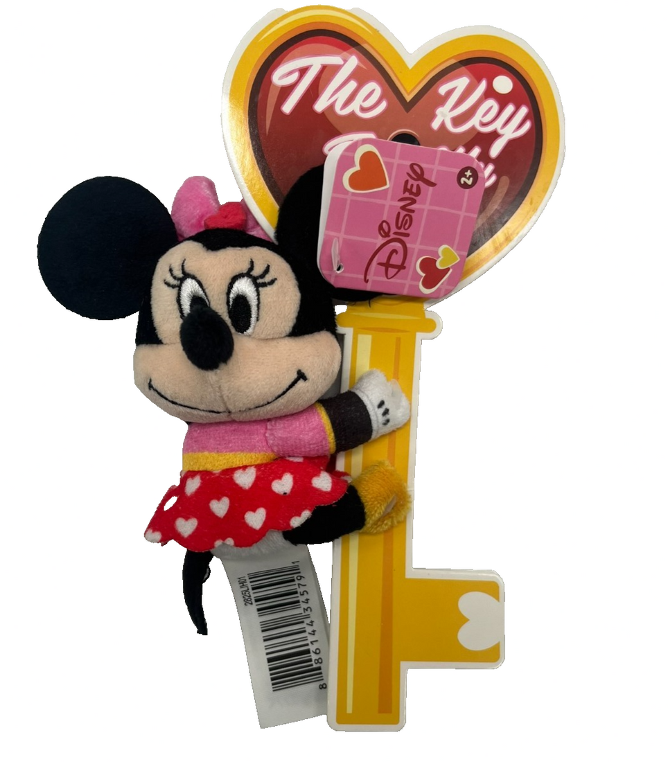Disney Minnie Mouse mini plush in heart-print dress and bow attached to golden Key to My Heart backer card