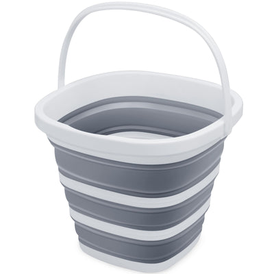 Gray collapsible square 10L foldable bucket with reinforced handle, expanded to 12x12x9.6 inches, shown on white background