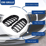 Pair of gloss black double-slat kidney grilles for 2009-2011 BMW E90 E91, ABS plastic aftermarket replacement set - view 3