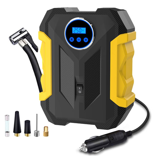 CARSUN yellow portable digital tire inflator 12V air compressor with LED light and digital pressure display