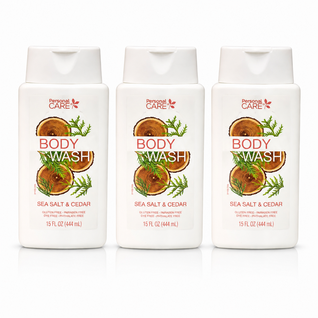 Three 15 fl oz Sea Salt and Cedar Body Wash bottles, new and unopened, gluten paraben and dye free formula