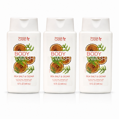 Three 15 fl oz Sea Salt and Cedar Body Wash bottles, new and unopened, gluten paraben and dye free formula