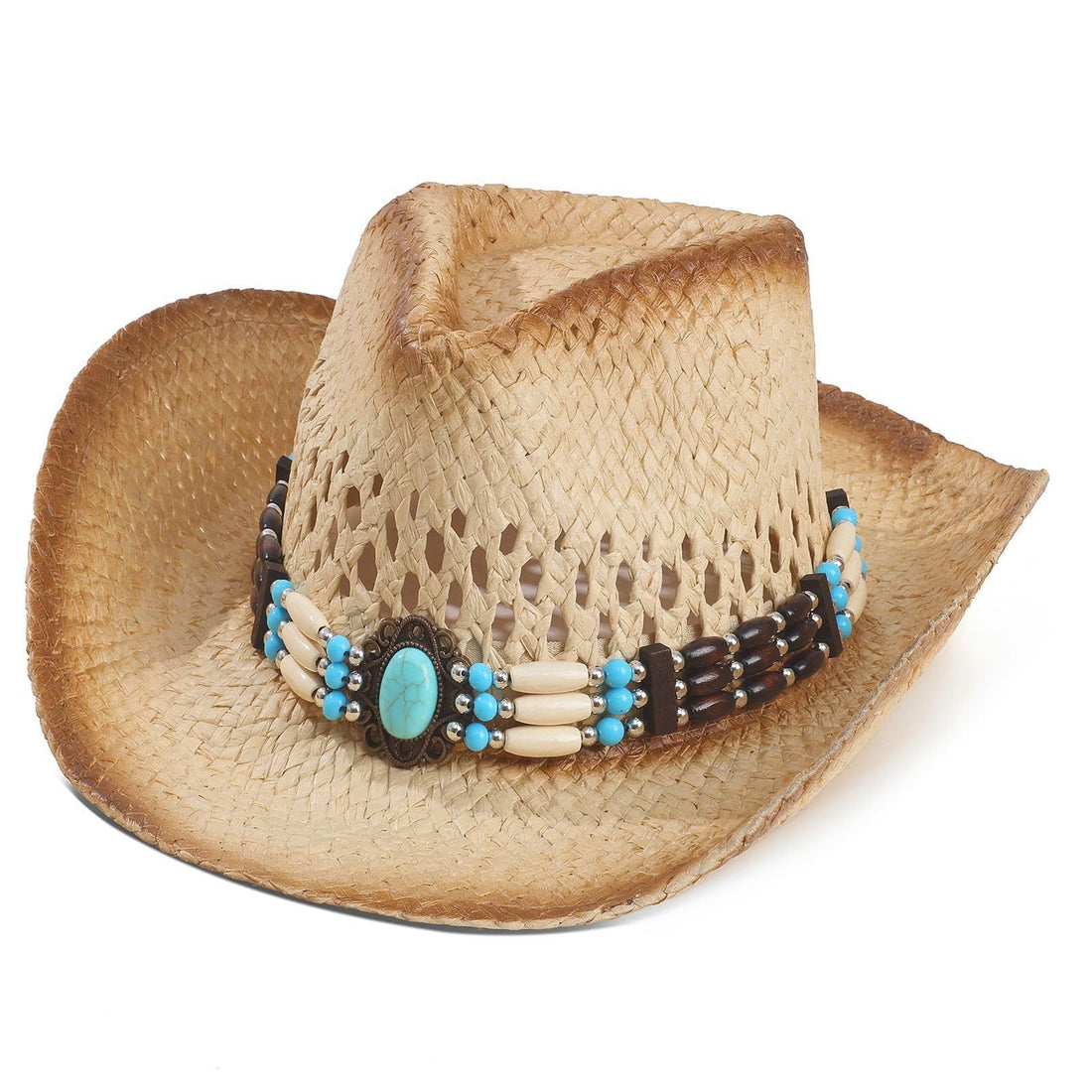 Khaki raffia woven wide brim straw cowboy hat with decorative band, unisex western sun hat by Erocalli